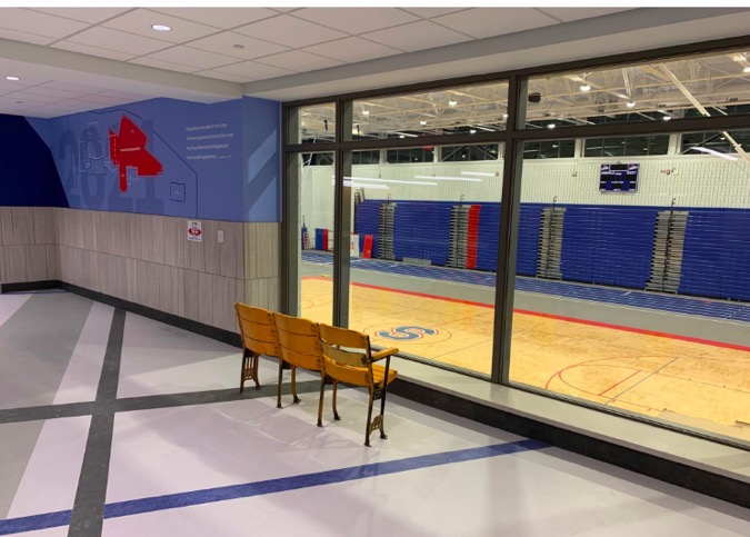 SHS2_Salvaged Boston Garden seats overlooking gym